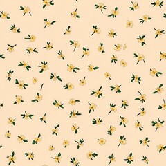 A small floral pattern on a light pink background, with small flowers in yellow and green. 