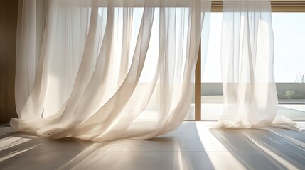 Elegant sheer curtains softly billowing in the breeze, with sunlight filtering through and casting delicate shadows on a minimalist living room floor 