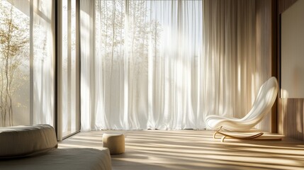 Elegant sheer curtains softly billowing in the breeze, with sunlight filtering through and casting delicate shadows on a minimalist living room floor 