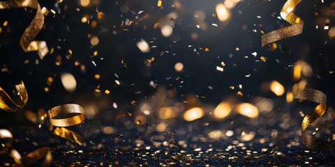 Black and gold background with festive confetti and streamers in the center, creating a vibrant celebration theme. High-resolution image.