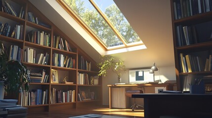 Elegant skylight in a home office, with sunlight pouring in and reflecting off bookshelves and a clean workspace, creating a productive atmosphere 