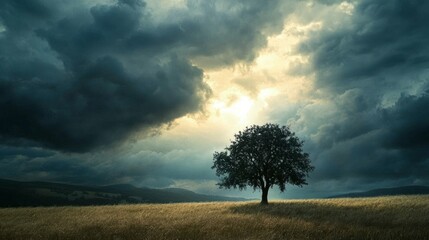 Obraz premium Turbulent storm clouds over a rural field, tree against the sky generative ai
