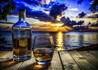 Obraz premium Tranquil Sunset with Whisky Bottle and Glass on Wooden Table by the Sea - Perfect Relaxation Scene