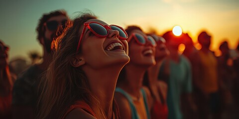 Crowd gathered with sunglasses, laughing and observing the solar eclipse during the day.