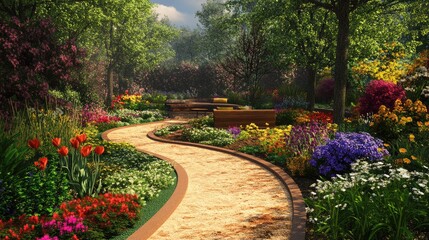 Obraz premium Serene Pathway Through Vibrant Flower Garden