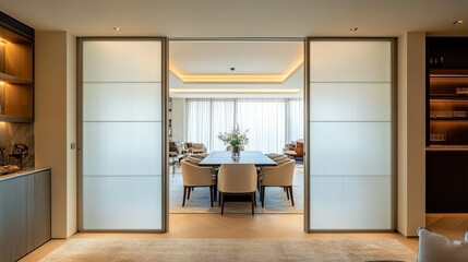 Frosted glass folding doors being opened, separating a private dining room from a vibrant living space, soft light passing through the frosted panels 