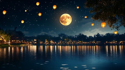 A serene night scene with a full moon and floating lanterns over a calm lake.