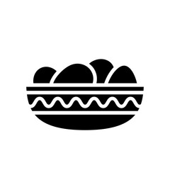Eggs in a decorated bowl icon in black silhouette isolated on white background. Cooking concept. Organic farming products. Healthy diet. Web design, mobile app graphic element. Vector illustration
