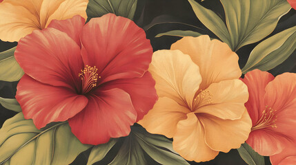 Obraz premium Vibrant red and yellow hibiscus flowers with green leaves on a dark background.