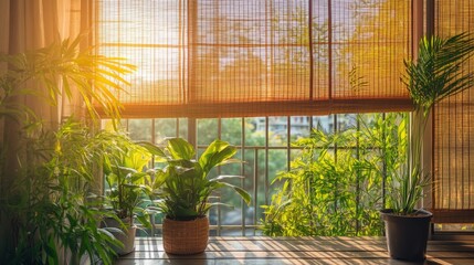Half-open bamboo blinds revealing a serene balcony with potted plants, soft light filtering through the blinds, creating a calm and relaxing vibe 