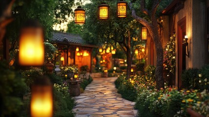 Fototapeta premium Enchanted Garden Path with Lanterns at Dusk