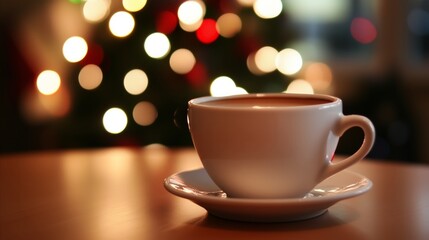 White coffee cup sits on a table with a Christmas tree in the background