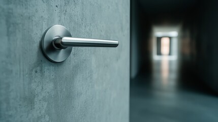 Modern office door handle in brushed metal, background is blurred corridor. Brushed metal door handle with blurred office hallway in the background.