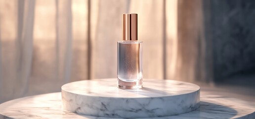 Glass bottle with rose gold cap on marble platform against curtain backdrop.
