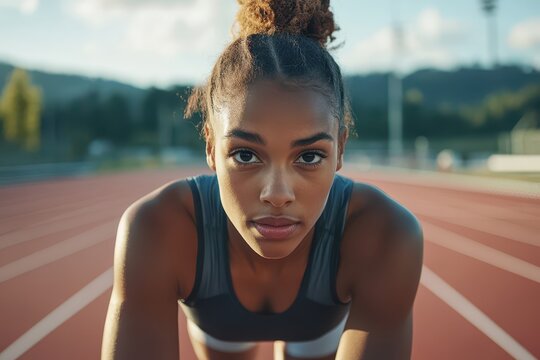 Female athlete positioned at the starting line on a running track, preparing for a sprint in a dynamic and focused stance.