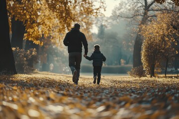 Fototapeta premium Father and son jogging together in a park, promoting fitness and family bonding.