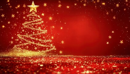 Red background with golden Christmas tree and stars