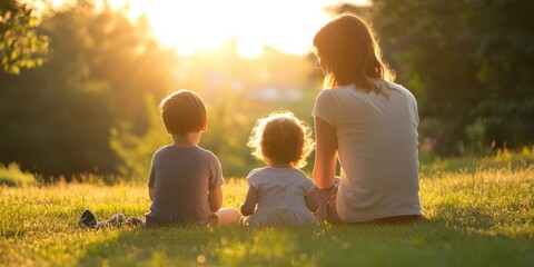 A mother and her two children enjoying a sunset in a serene outdoor setting.
