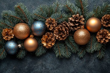 Blue and Gold Christmas Ornaments and Pine Cones on Fir Branches
