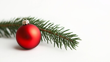 single red Christmas ornament resting beside a green pine branch on a clean white background. This minimalistic composition emphasizes holiday elegance and simplicity, perfect for seasonal themes