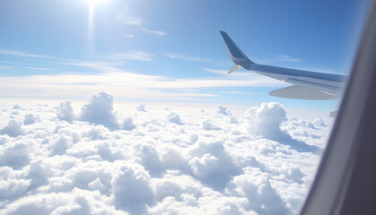 Ethereal cloudscape from airplane window, showcasing the serene beauty of the sky, perfect for travel and aviation projects isolated with white shades, png