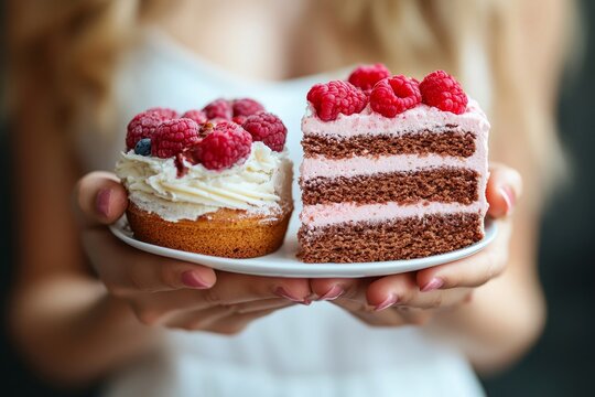 woman refusing to eat sweet bakery or cake during diet session for slim shape and good health, Generative AI