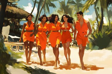 Obraz premium Five Smiling Friends Walk Along a Tropical Beach