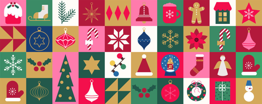 Merry Christmas template background with geometric minimalist elements and icons. Abstract trendy banner in simple flat design. Holiday decoration. Vector illustration.