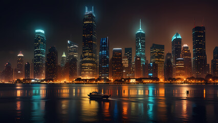 Naklejka premium Lively cityscape at night illuminated by city lights