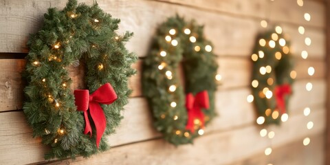 Beautiful holiday wreaths decorated with lights and ribbons, perfect for festive decor.