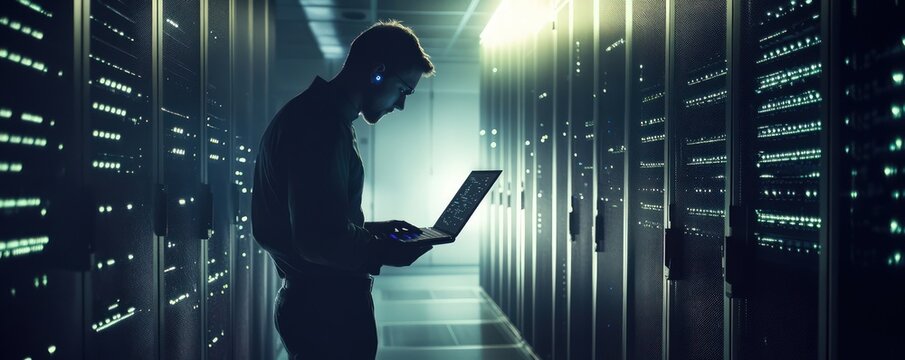 Engineer in server room inspecting hardware, using a laptop to solve network and system issues