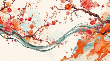 Includes orange, plum blossom, turquoise leaves, and pink petals.