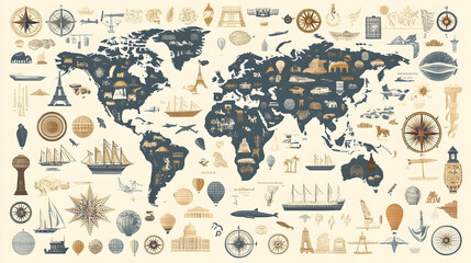 A world map with illustrations of different landmarks, animals, and modes of transportation.