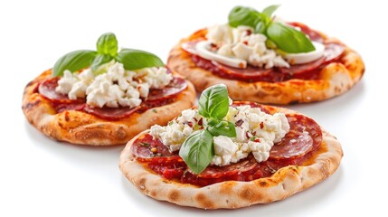 Mini pizzas with pita bread, cottage cheese, and salami on white background with clipping path