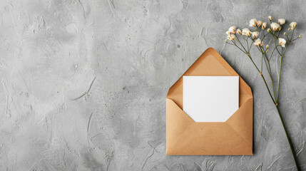 Minimalist mockup of an open kraft envelope and a blank white card