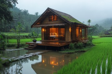 Tranquil Bamboo Cottage Nestled in Lush Rice Field Landscape