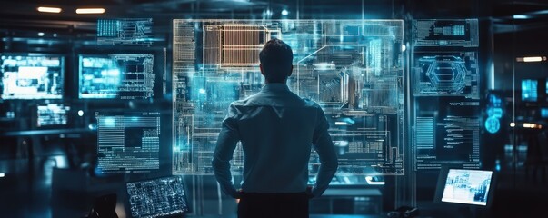 Engineer using augmented reality to design a complex circuit board, overlay futuristic data and holograms in tech lab 32k high resolution