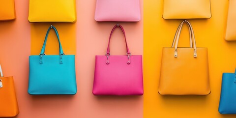 Colorful handbags in various styles arranged on vibrant background for fashion enthusiasts.