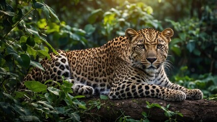 A leopard resting on a log amidst lush greenery, showcasing its striking coat and calm demeanor.