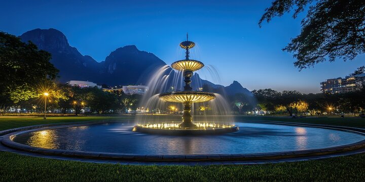 Crisol Fountain at Fundidora Park illuminated at night, set against the backdrop of Paseo Santa Lucia in Monterrey, highlighting the beginning of night.