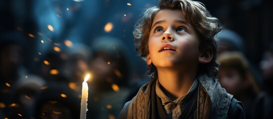 A young boy gazes upward, holding a candle amidst a crowd, evoking wonder and hope.