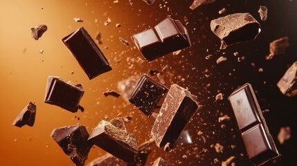 chocolate in middle of the air, sparkle reflexed on black to orange gradient background