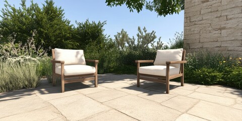 Cozy outdoor patio area featuring two wooden chairs surrounded by lush greenery and paved flooring.