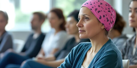 Group of cancer patients in therapy, sharing stories of hope and resilience, against a blurred background with space for text.