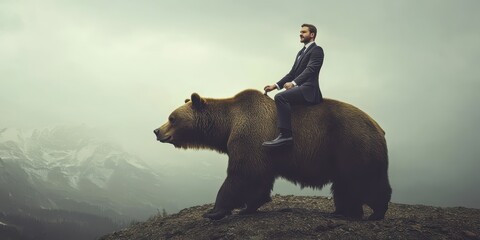 Confident businessman in formal attire riding a fierce bear against a tranquil background, symbolizing audacity and resilience in overcoming challenges.