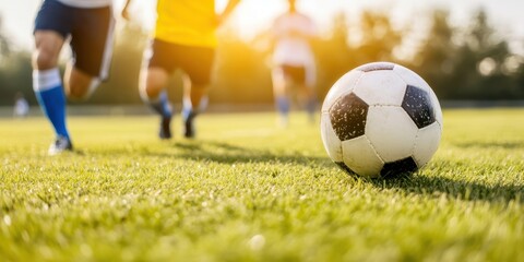 Dynamic soccer game in the sunlight, with a focus on the ball rolling on the grass field.
