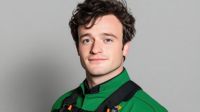 Portrait of a Young Male Plumber in Green Uniform