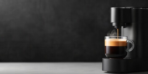 Espresso coffee brewing in a glass cup, modern coffee machine, dark background.