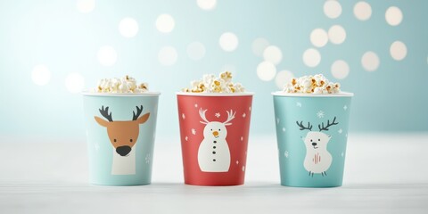 Festive popcorn cups featuring cheerful designs on a soft background, perfect for holiday celebrations.