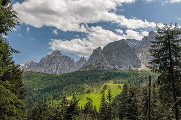 panoramica su un bellissimo ambiente di montagna nel nord Italia, tra Veneto e Trentino Alto Adige, con colori brillanti, di pomeriggio, in estate, con un cielo parzialmente nuvoloso